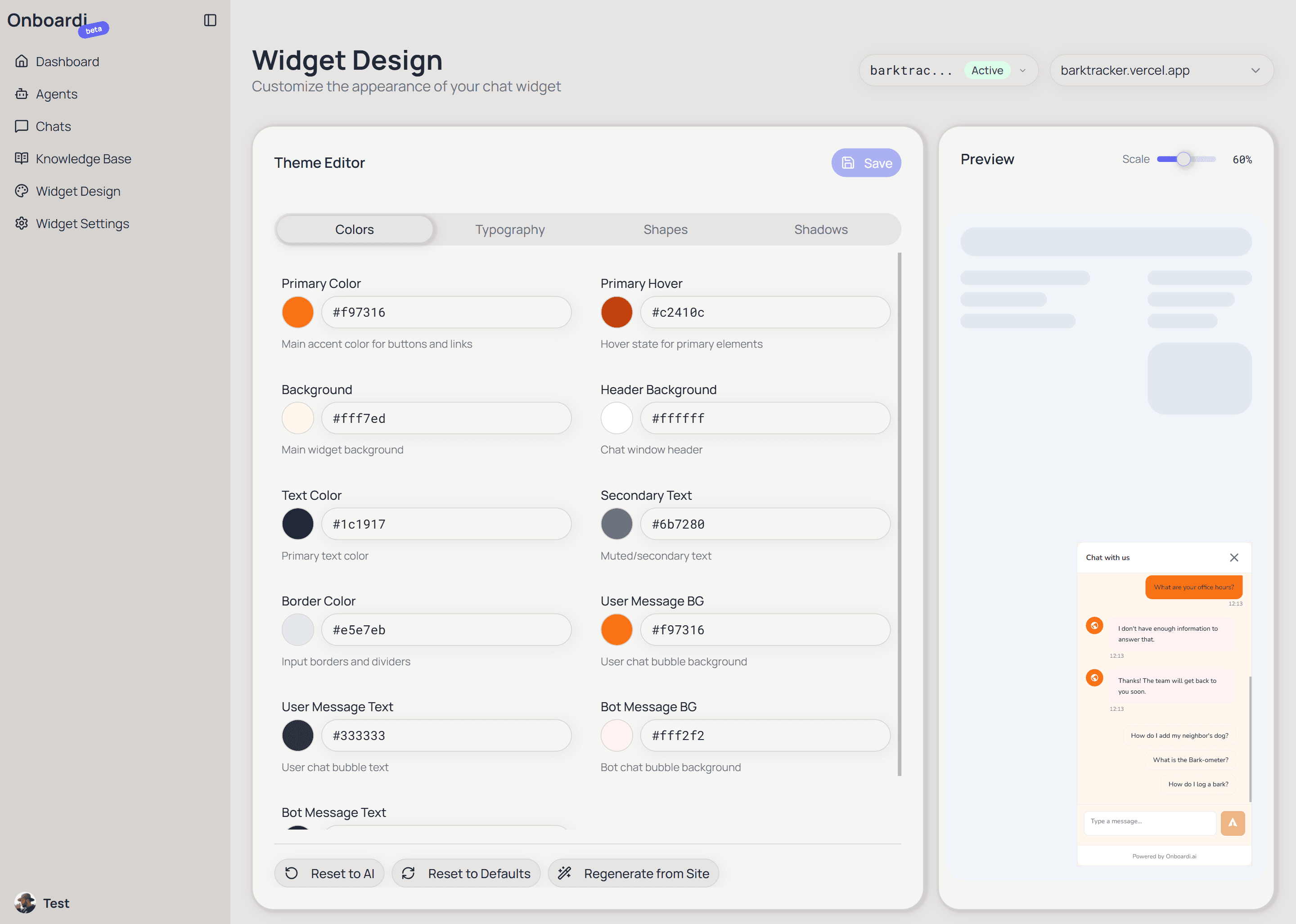 Screenshot: Theme editor with color pickers and live preview