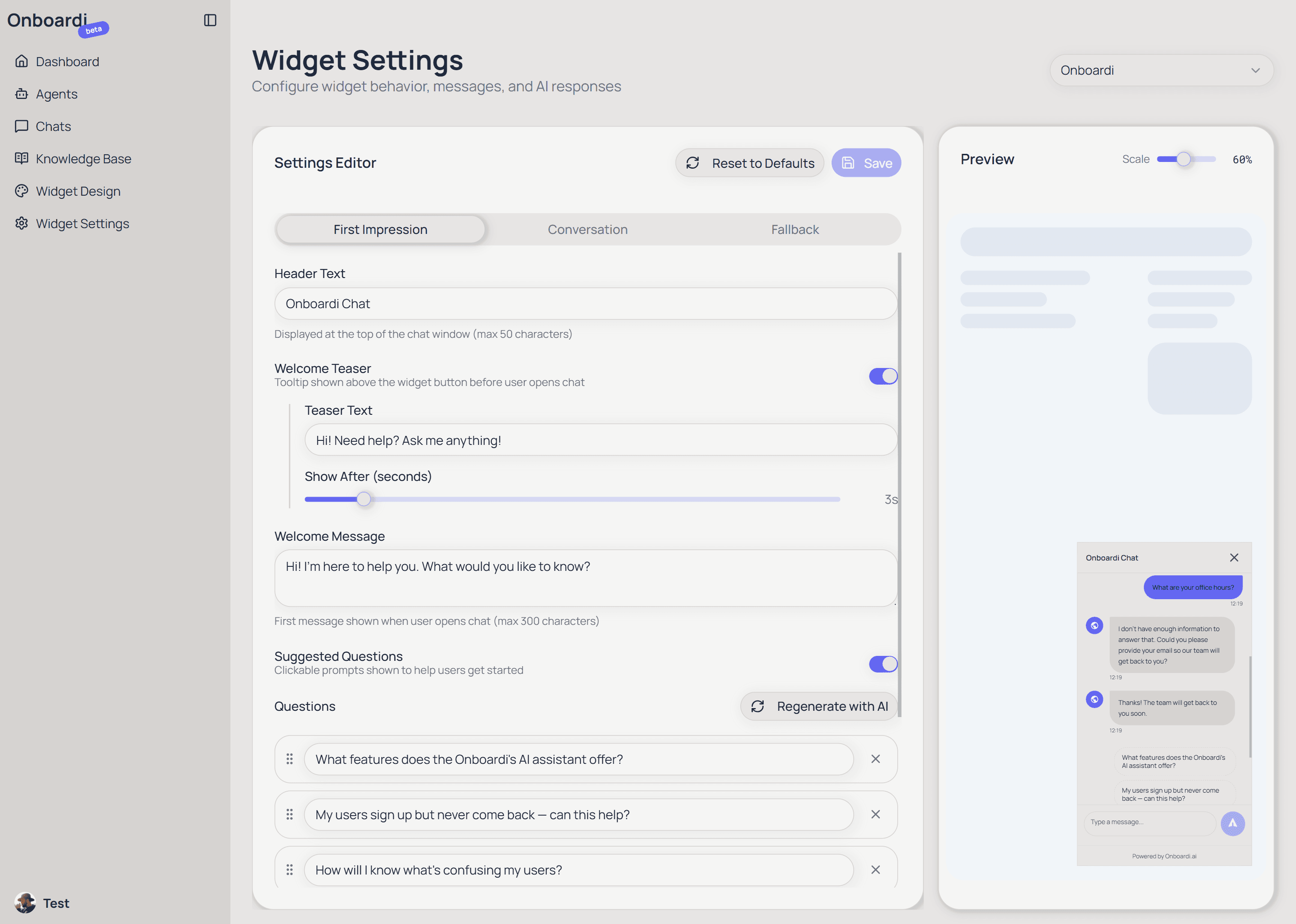 Screenshot: Widget Settings with form and live preview