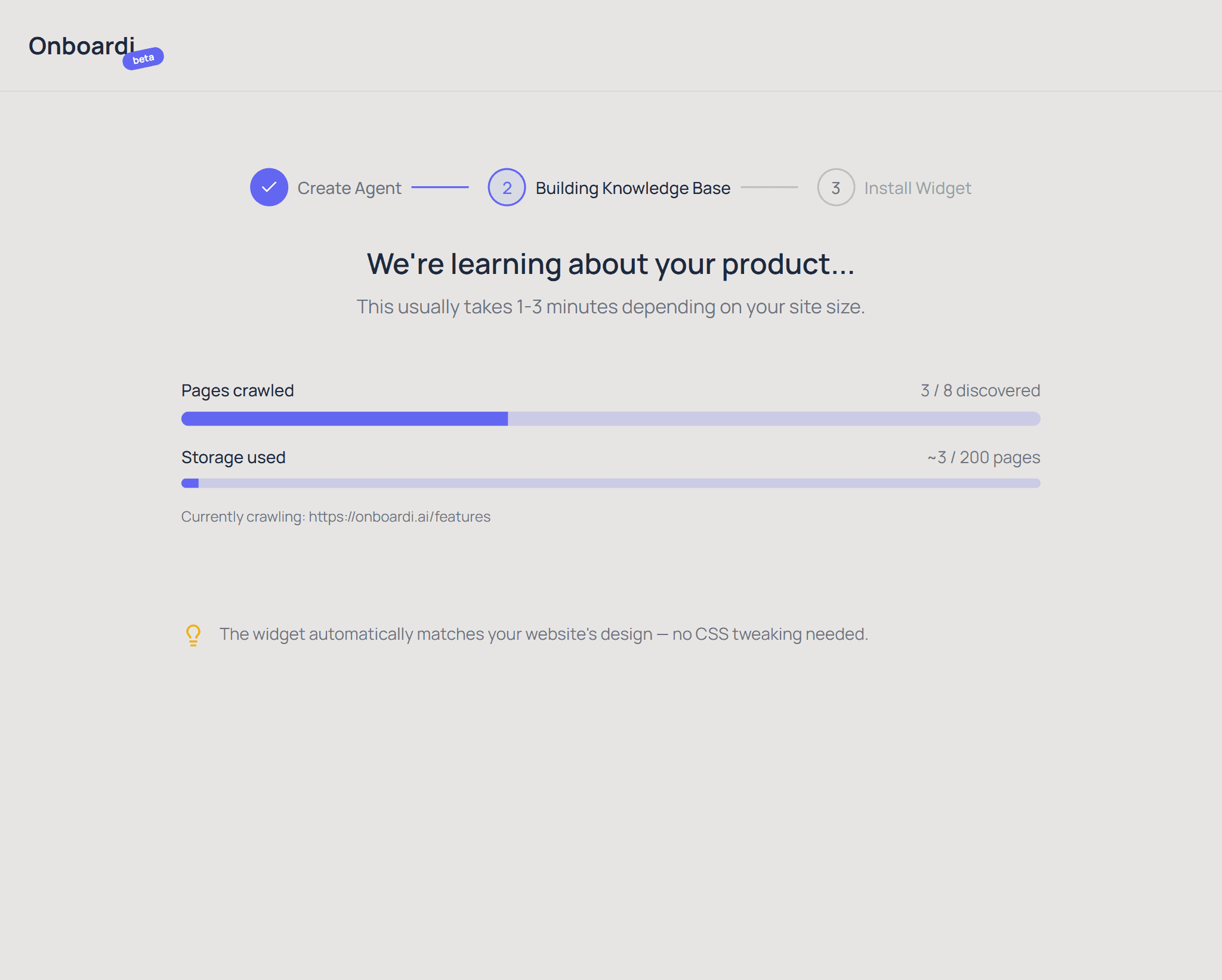 Screenshot: Crawling in progress / Knowledge Base