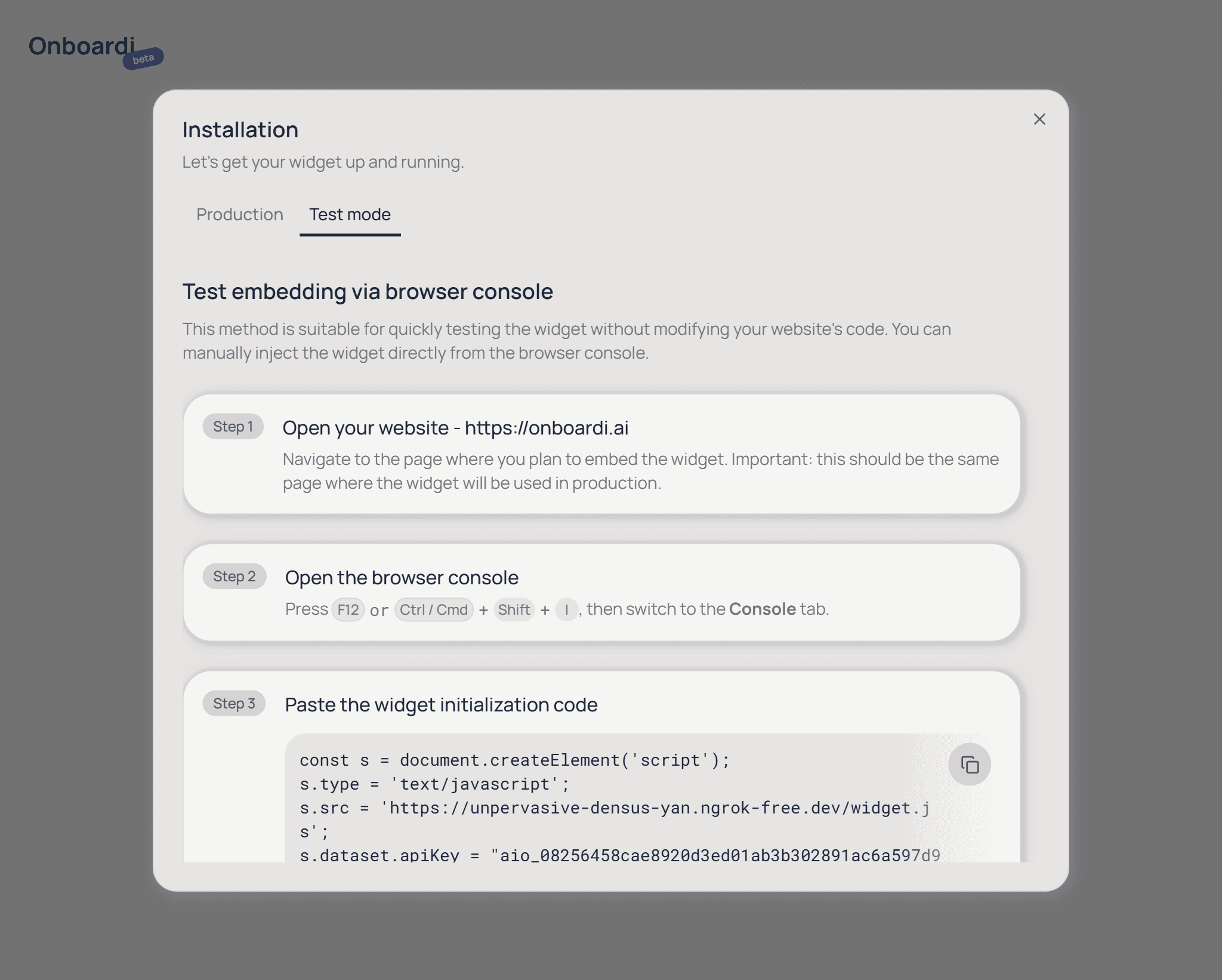 Screenshot: Install script + Widget on site - 1